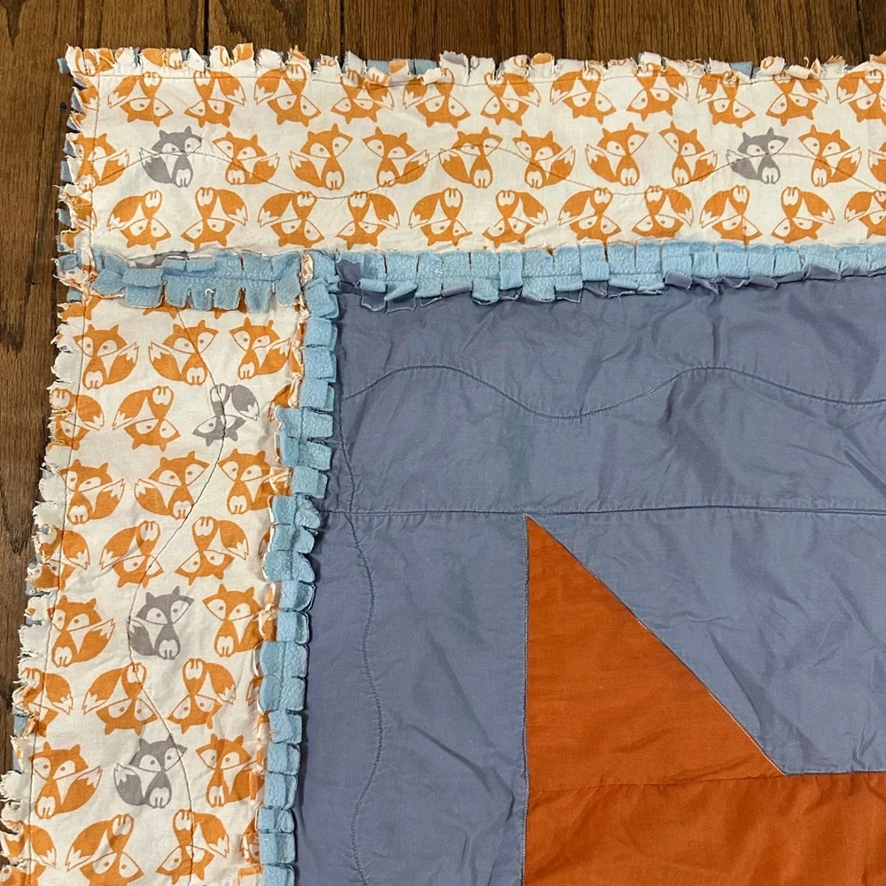 Handmade Fox Wearing Glasses Baby Blanket Quilt 36x42” Blue Orange Foxes